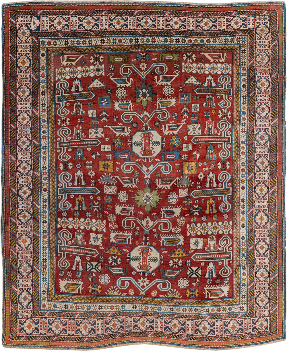 Antique Caucasian Perpedil Accent Rug, No.11002 - Staging