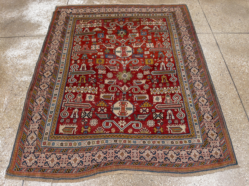 Antique Caucasian Perpedil Accent Rug, No.11002 - Staging