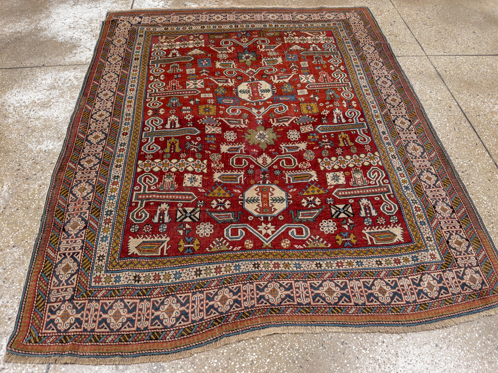 Antique Caucasian Perpedil Accent Rug, No.11002 - Staging