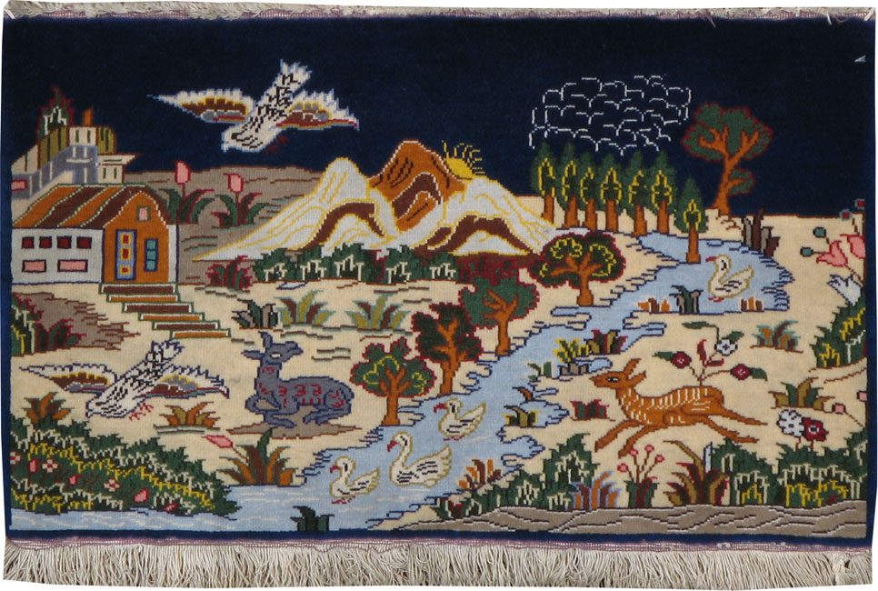 Vintage Persian Tabriz Pictorial Rug, No.11828 - Staging