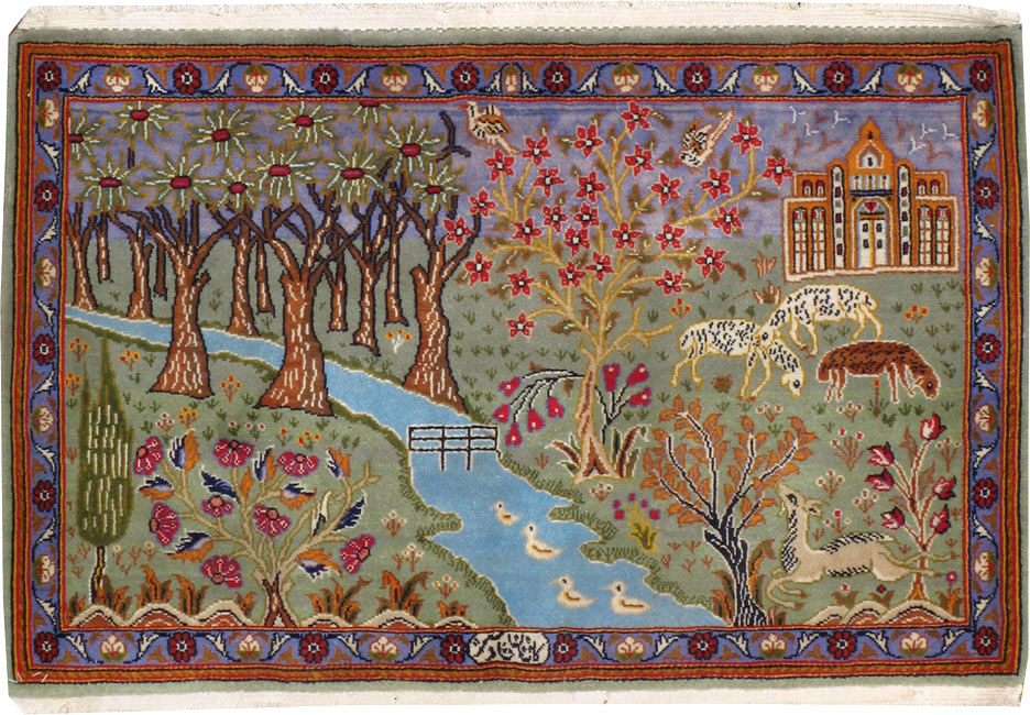 Vintage Persian Tabriz Pictorial Rug, No.11836 - Staging