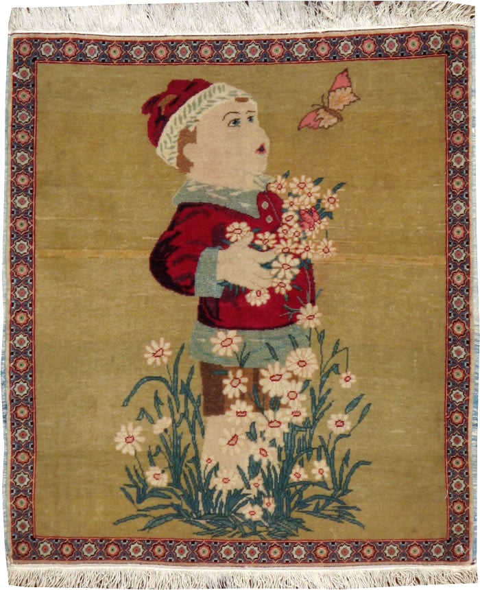 Vintage Persian Kashan Pictorial Rug, No.11852 - Staging
