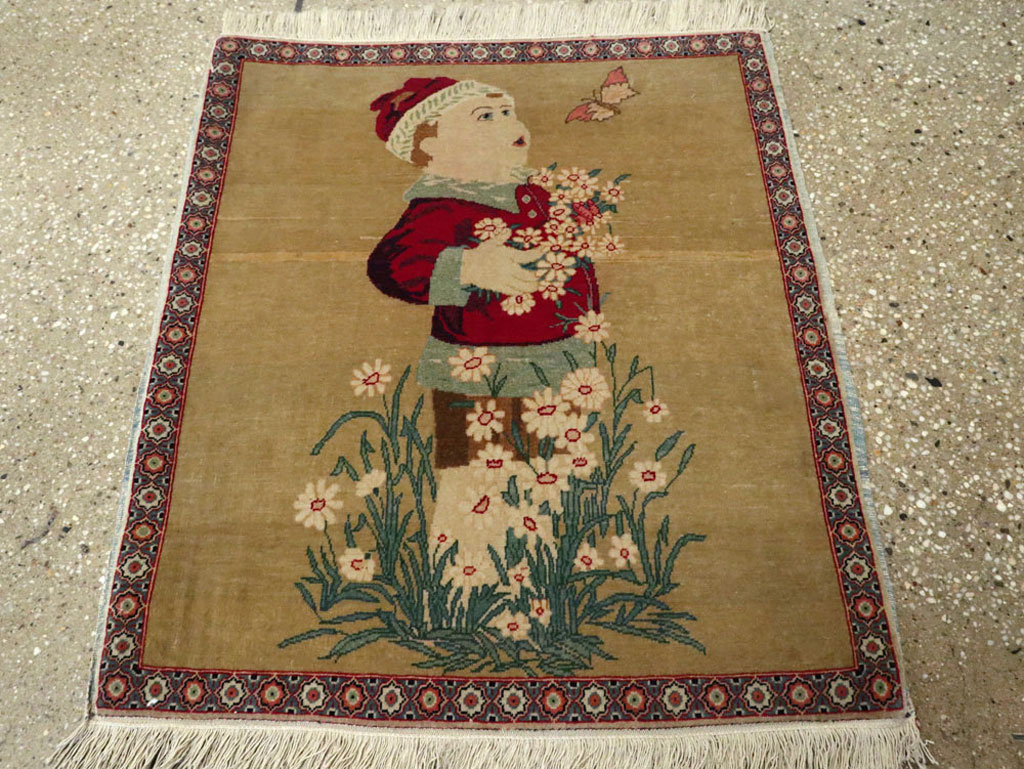 Vintage Persian Kashan Pictorial Rug, No.11852 - Staging