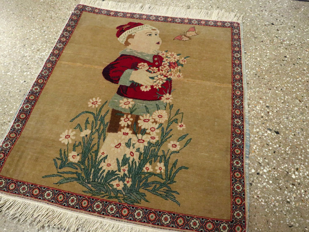 Vintage Persian Kashan Pictorial Rug, No.11852 - Staging