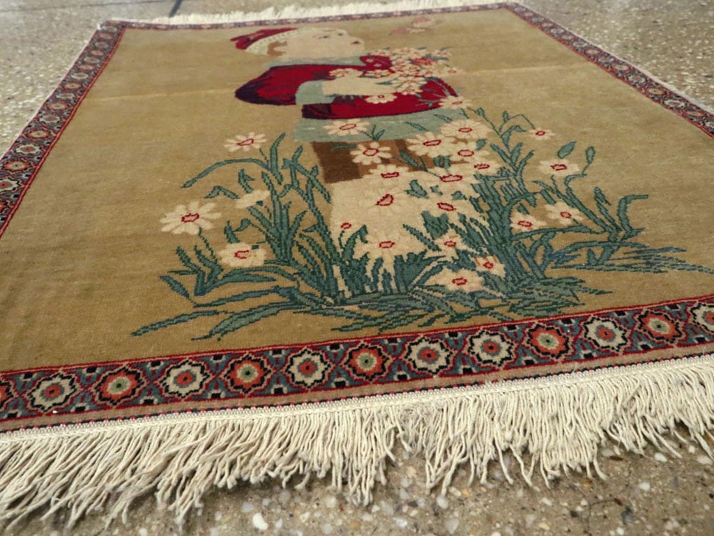 Vintage Persian Kashan Pictorial Rug, No.11852 - Staging