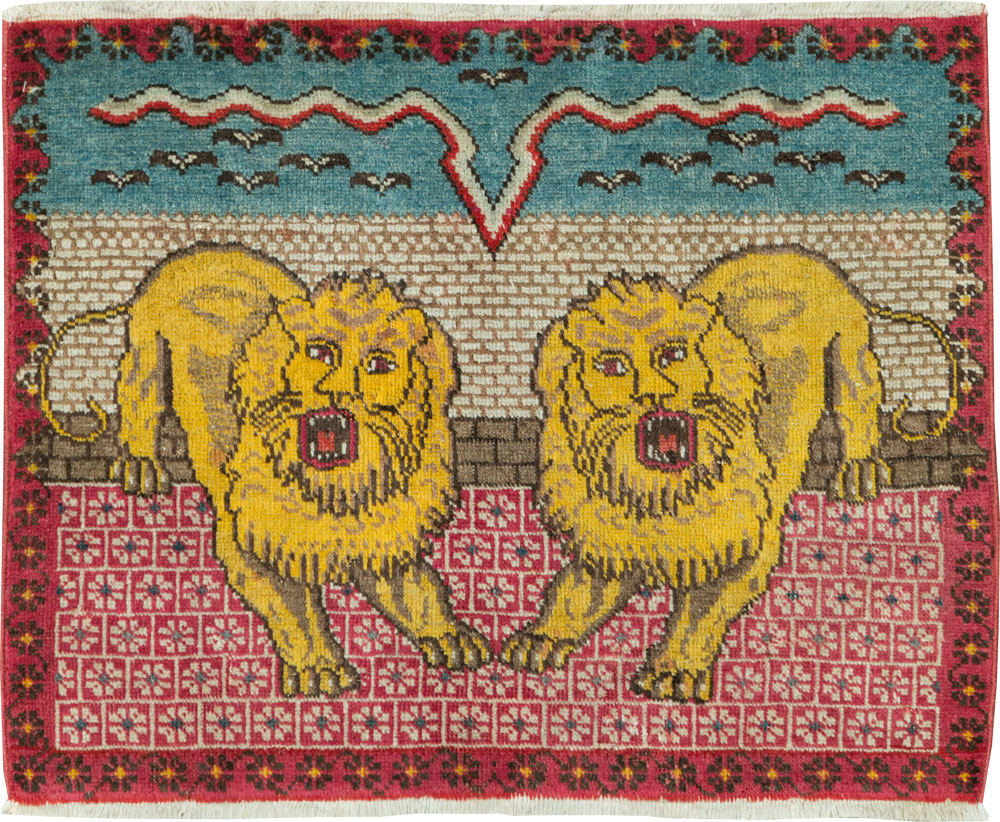 Vintage Persian Pictorial Tabriz Throw Rug (Pair: 1 of 2), No.12227 - Staging