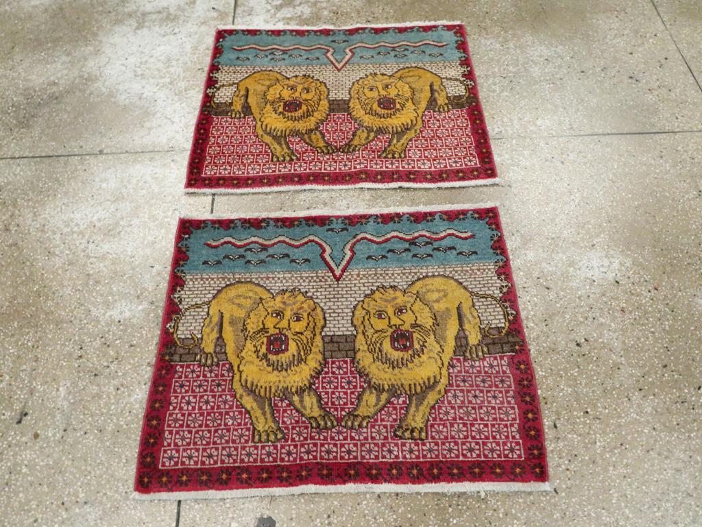 Vintage Persian Pictorial Tabriz Throw Rug (Pair: 1 of 2), No.12227 - Staging