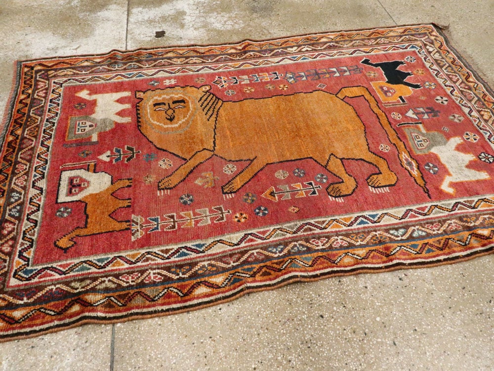 Antique Persian Gabbeh Pictorial Accent Rug, No.12235 - Staging
