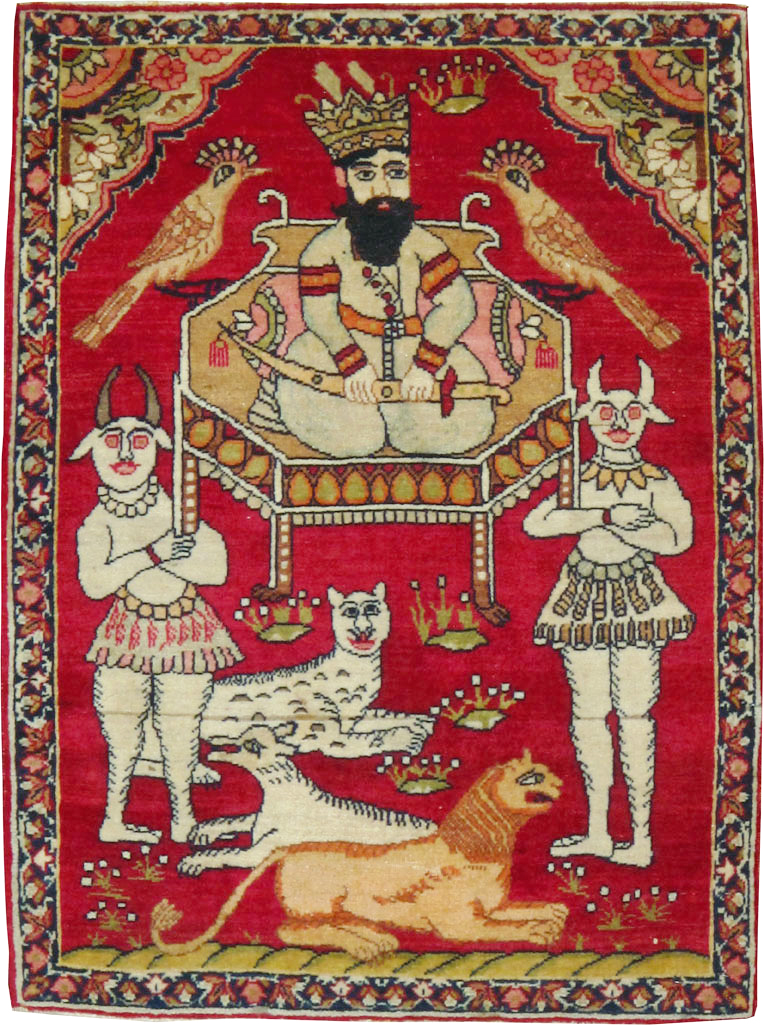 Antique Persian Lavar Kerman Pictorial Rug, No.13310 - Staging