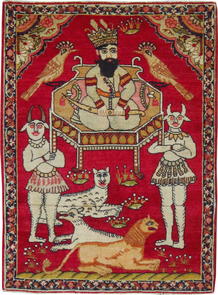 Antique Persian Lavar Kerman Pictorial Rug, No.13311 - Staging