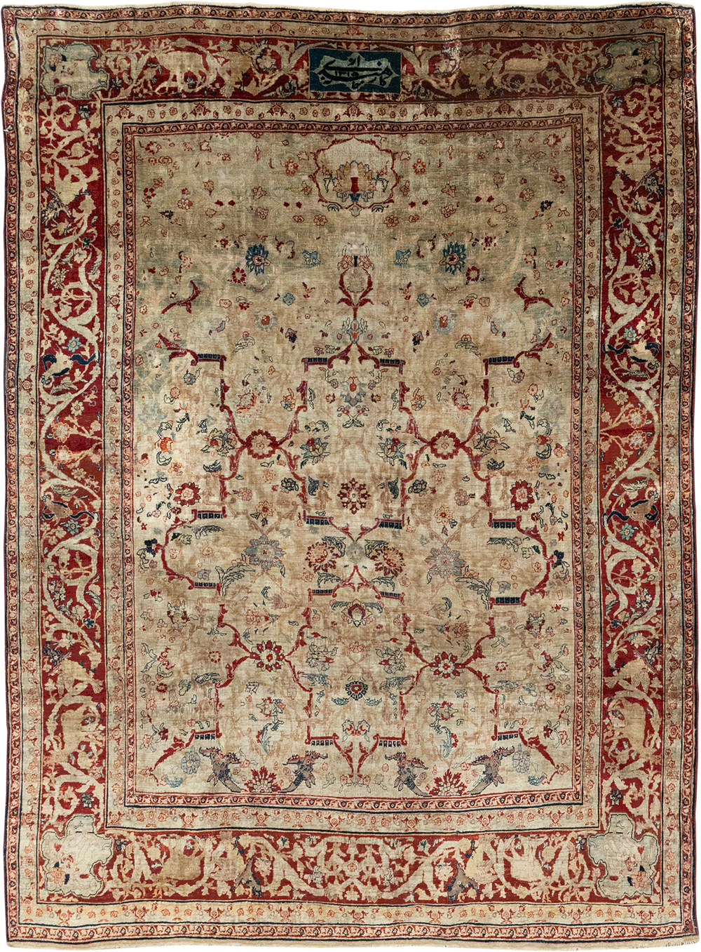 Antique Persian Silk Tabriz Accent Rug, No.13880 - Staging