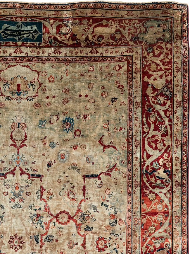 Antique Persian Silk Tabriz Accent Rug, No.13880 - Staging