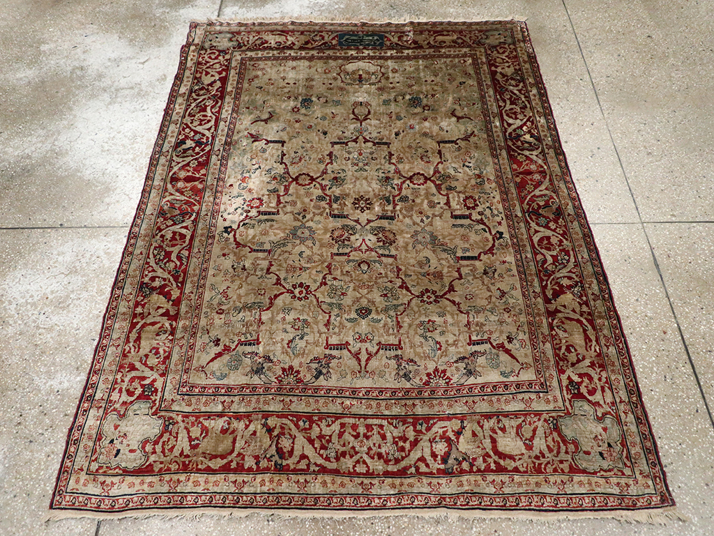 Antique Persian Silk Tabriz Accent Rug, No.13880 - Staging