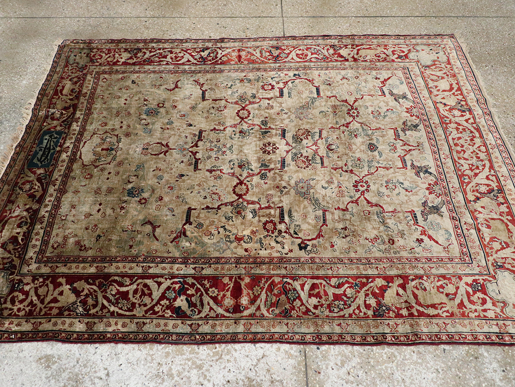 Antique Persian Silk Tabriz Accent Rug, No.13880 - Staging