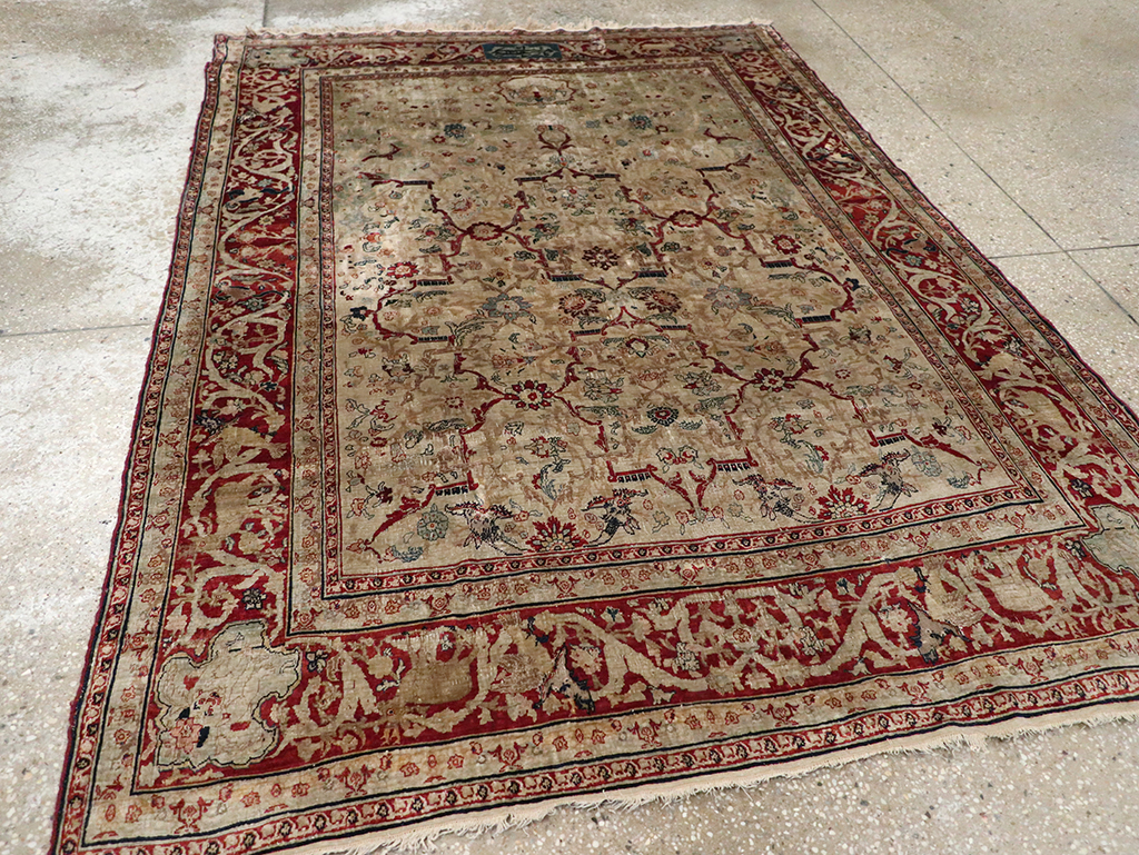 Antique Persian Silk Tabriz Accent Rug, No.13880 - Staging