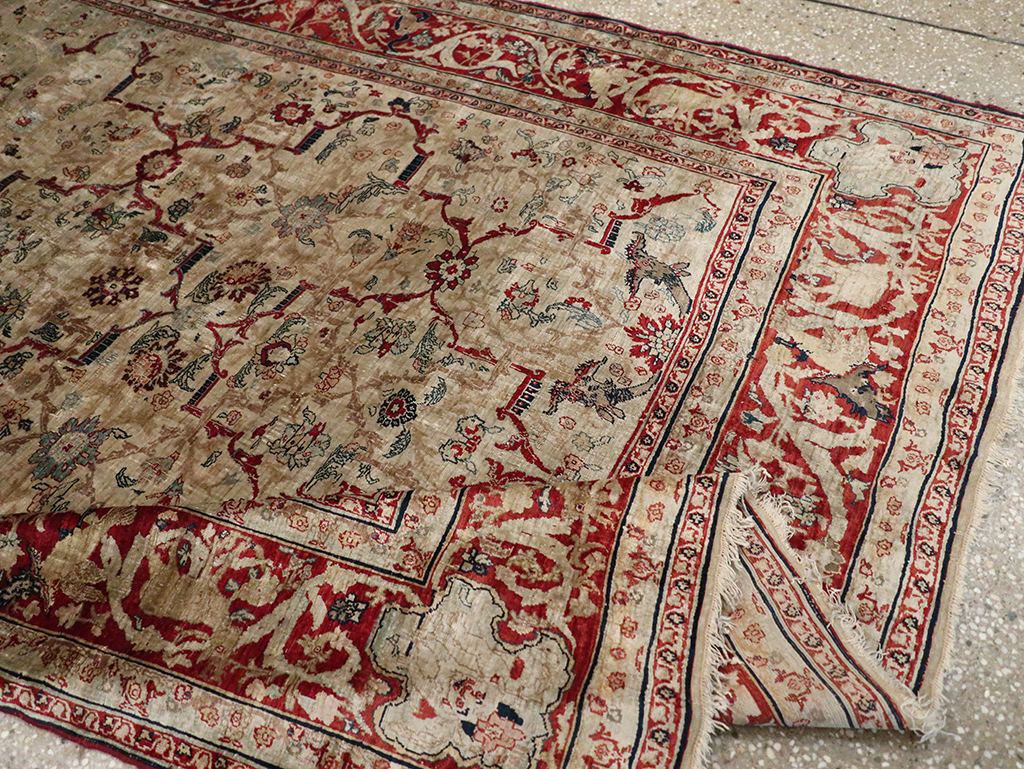 Antique Persian Silk Tabriz Accent Rug, No.13880 - Staging