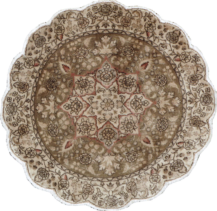 Vintage Persian Tabriz Round Carpet, No.14057 - Staging