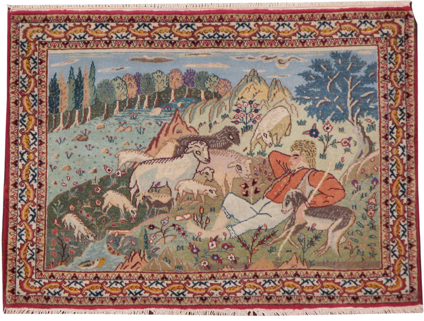 Vintage Persian Tabriz Pictorial Rug, No.16400 - Staging