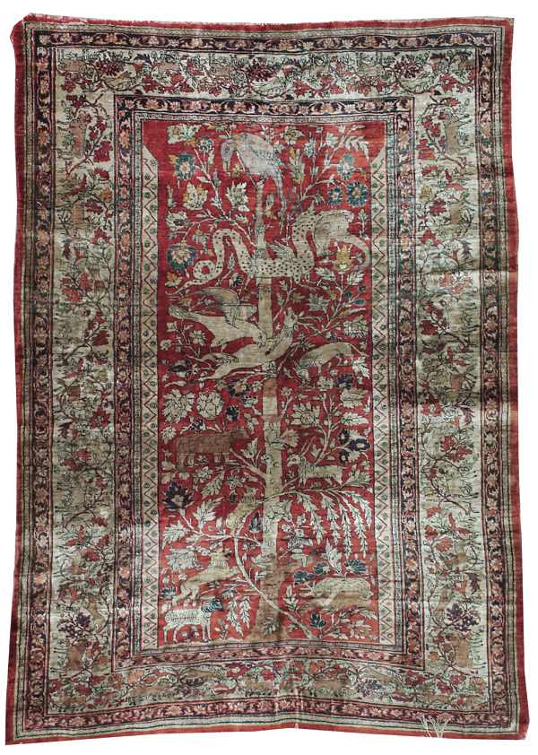 Antique Persian Silk Tabriz Pictorial Accent Rug, No.16402 - Staging