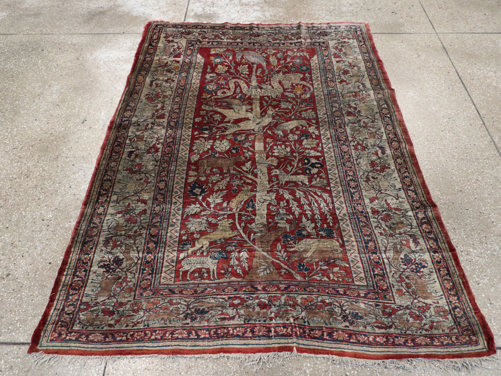 Antique Persian Silk Tabriz Pictorial Accent Rug, No.16402 - Staging