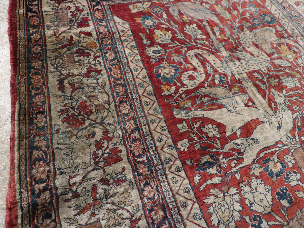 Antique Persian Silk Tabriz Pictorial Accent Rug, No.16402 - Staging