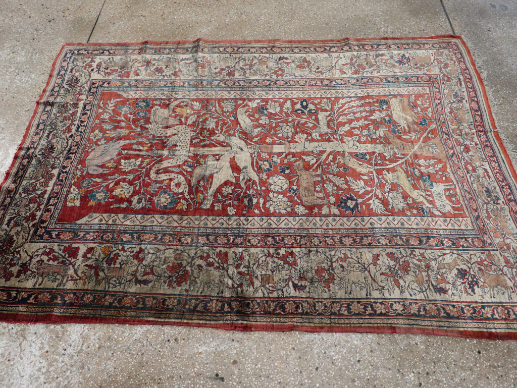Antique Persian Silk Tabriz Pictorial Accent Rug, No.16402 - Staging