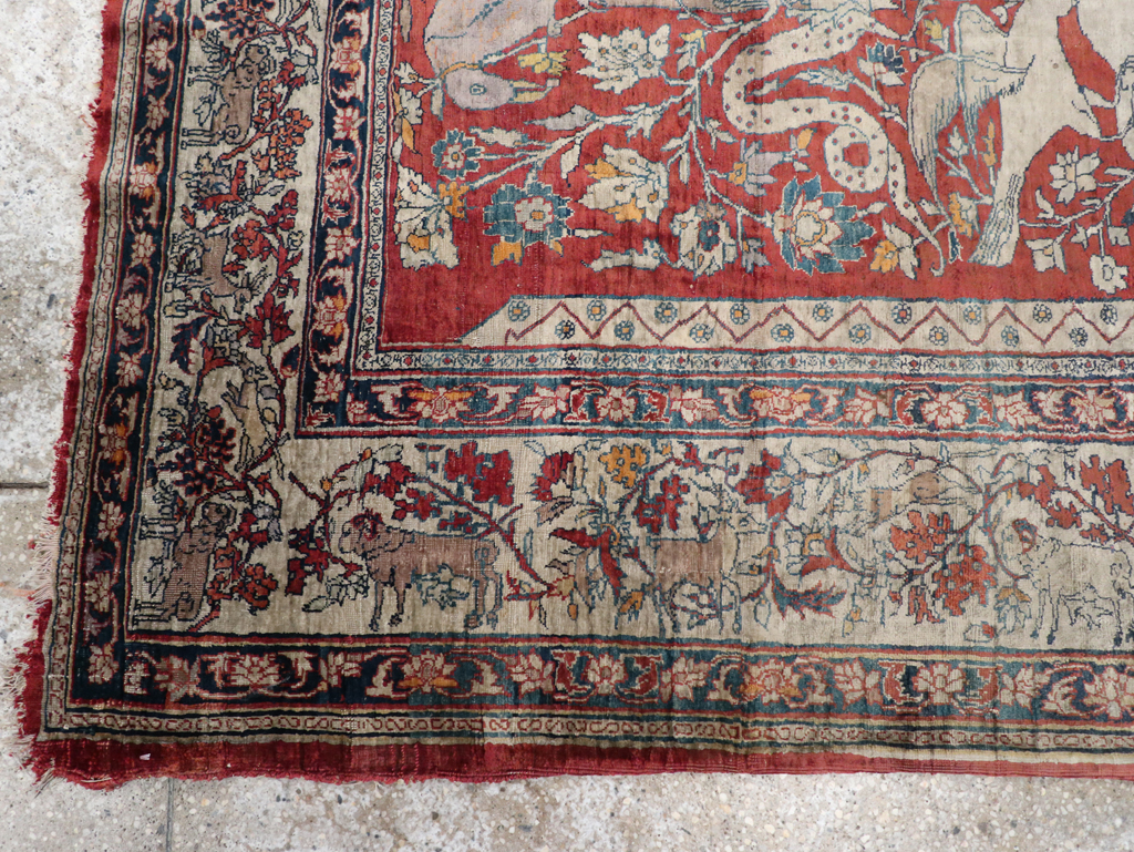 Antique Persian Silk Tabriz Pictorial Accent Rug, No.16402 - Staging