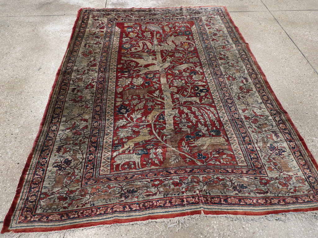 Antique Persian Silk Tabriz Pictorial Accent Rug, No.16402 - Staging