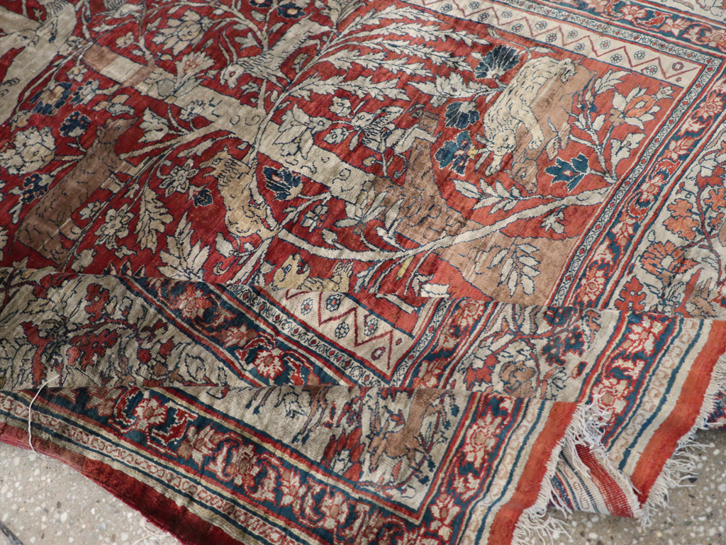 Antique Persian Silk Tabriz Pictorial Accent Rug, No.16402 - Staging