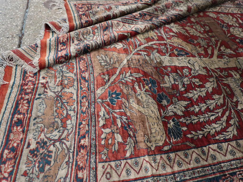 Antique Persian Silk Tabriz Pictorial Accent Rug, No.16402 - Staging