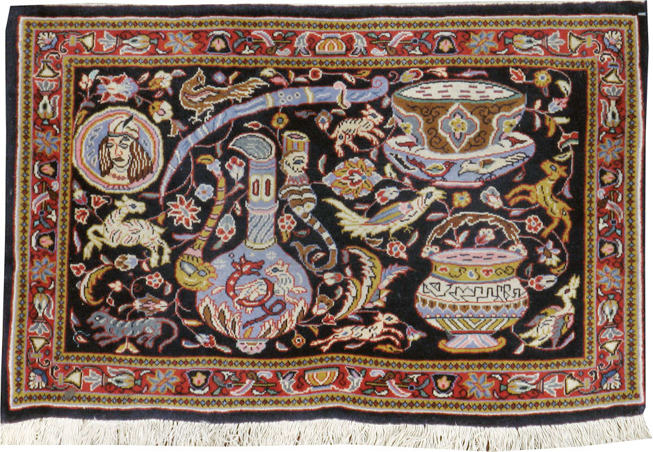 Vintage Persian Quom Pictorial Rug, No.16464 - Staging