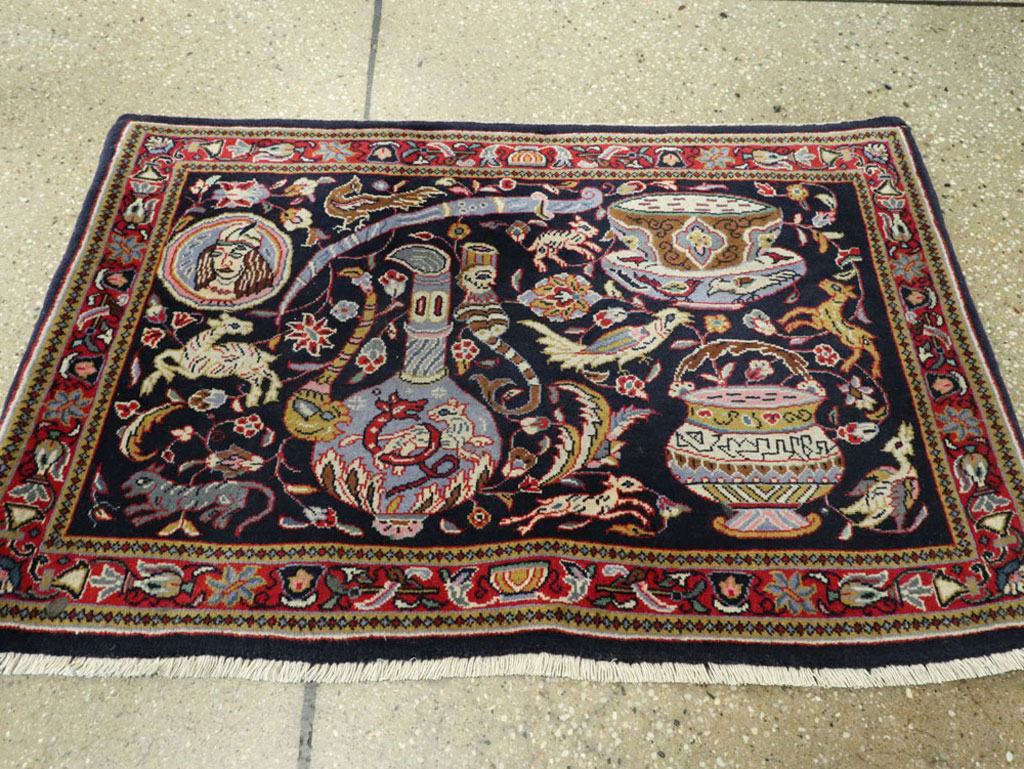 Vintage Persian Quom Pictorial Rug, No.16464 - Staging