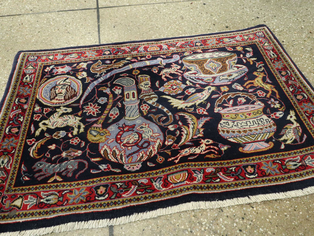 Vintage Persian Quom Pictorial Rug, No.16464 - Staging