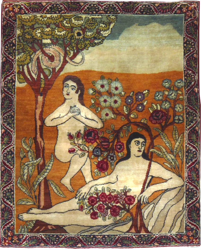 Antique Persian Lavar Kerman Pictorial Rug, No.17958 - Staging