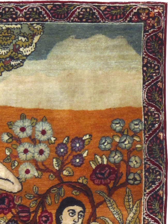 Antique Persian Lavar Kerman Pictorial Rug, No.17958 - Staging