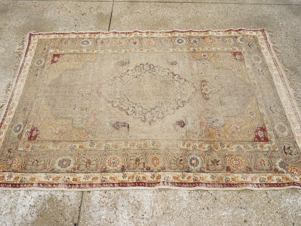 Antique Turkish Silk and Metal Thread Kayseri Accent Rug, No.18070 - Staging