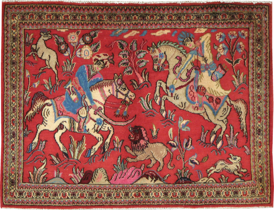 Vintage Persian Quom Pictorial Rug (Pair: 1 of 2), No.18996 - Staging