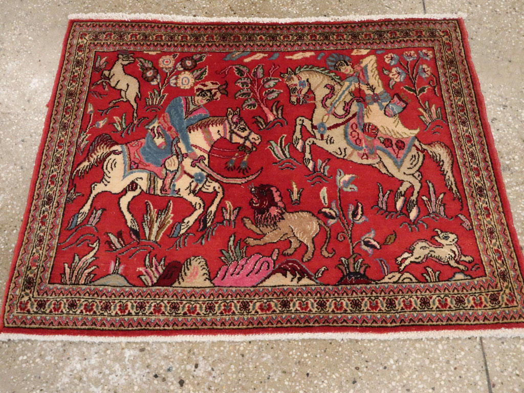 Vintage Persian Quom Pictorial Rug (Pair: 1 of 2), No.18996 - Staging