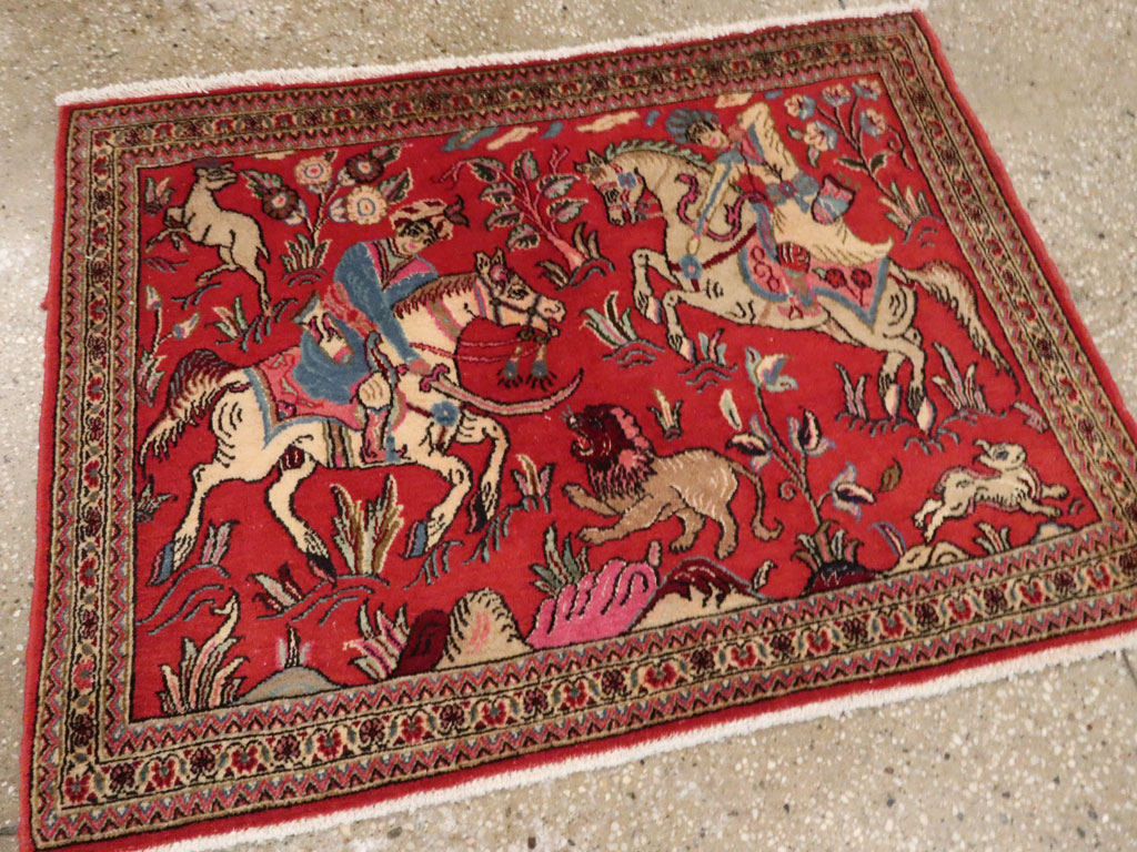 Vintage Persian Quom Pictorial Rug (Pair: 1 of 2), No.18996 - Staging