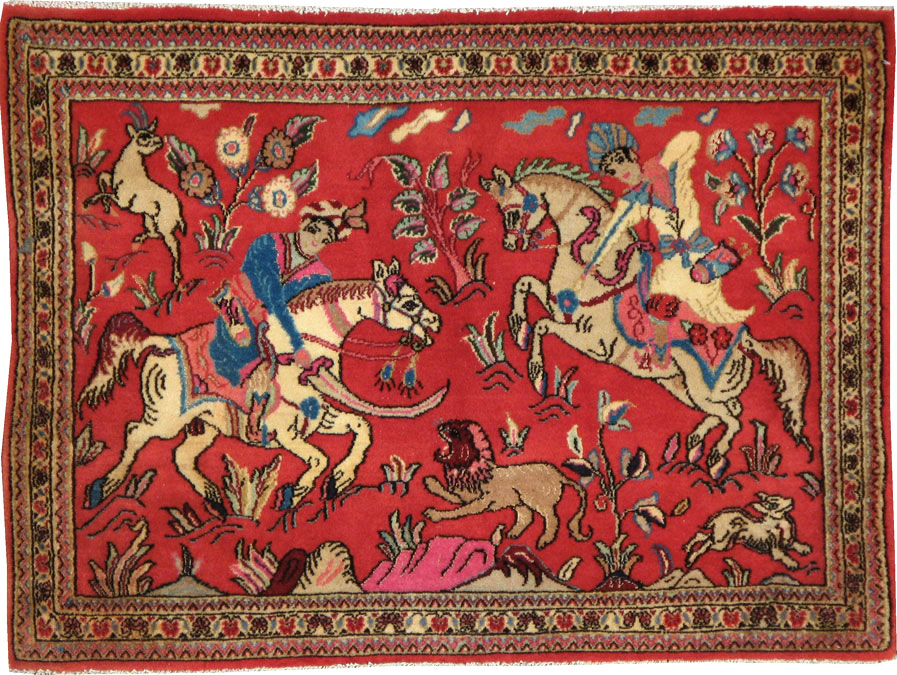 Vintage Persian Quom Pictorial Rug (Pair: 2 of 2), No.18997 - Staging