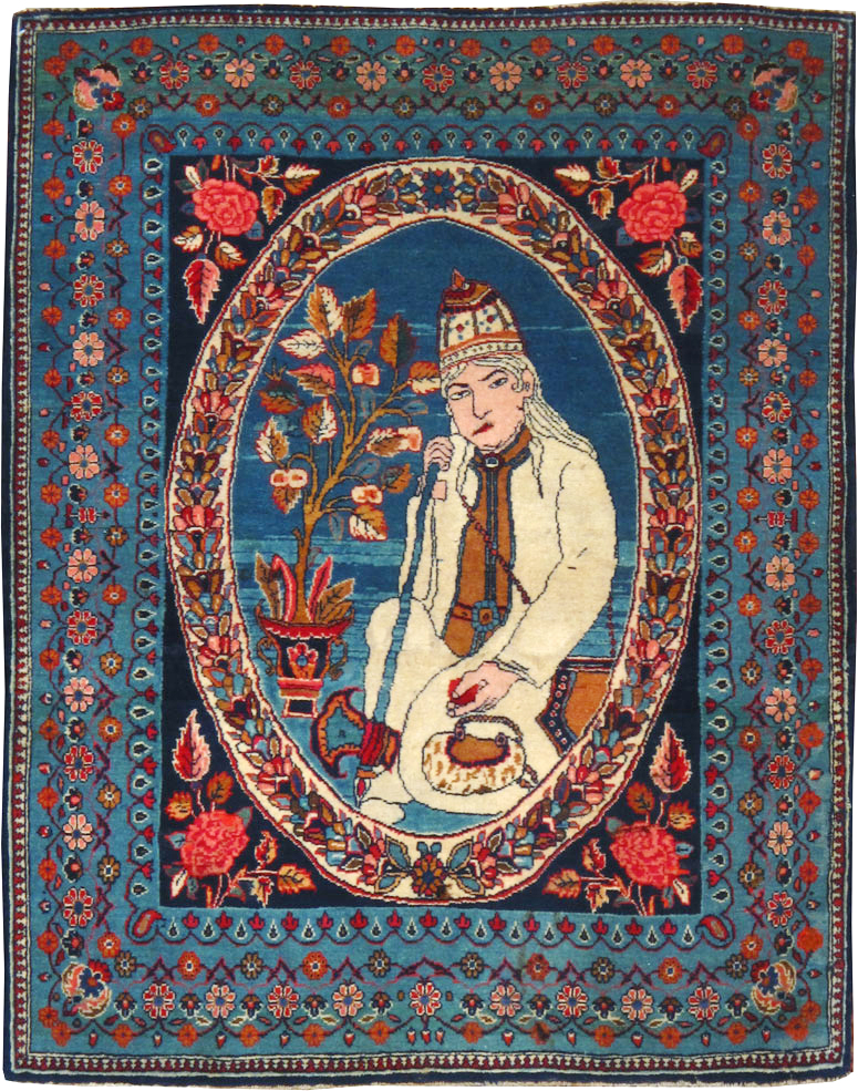 Vintage Persian Yazd Pictorial Throw Rug, No.19029 - Staging