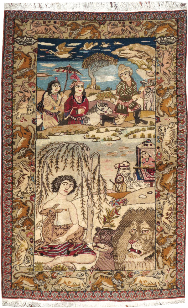 Vintage Persian Tabriz Pictorial Rug, No.19079 - Staging