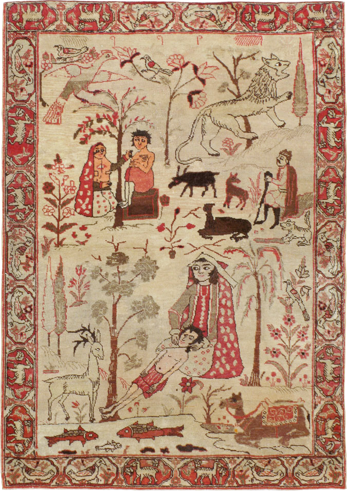 Vintage Persian Kerman Pictorial Rug, No.19976 - Staging