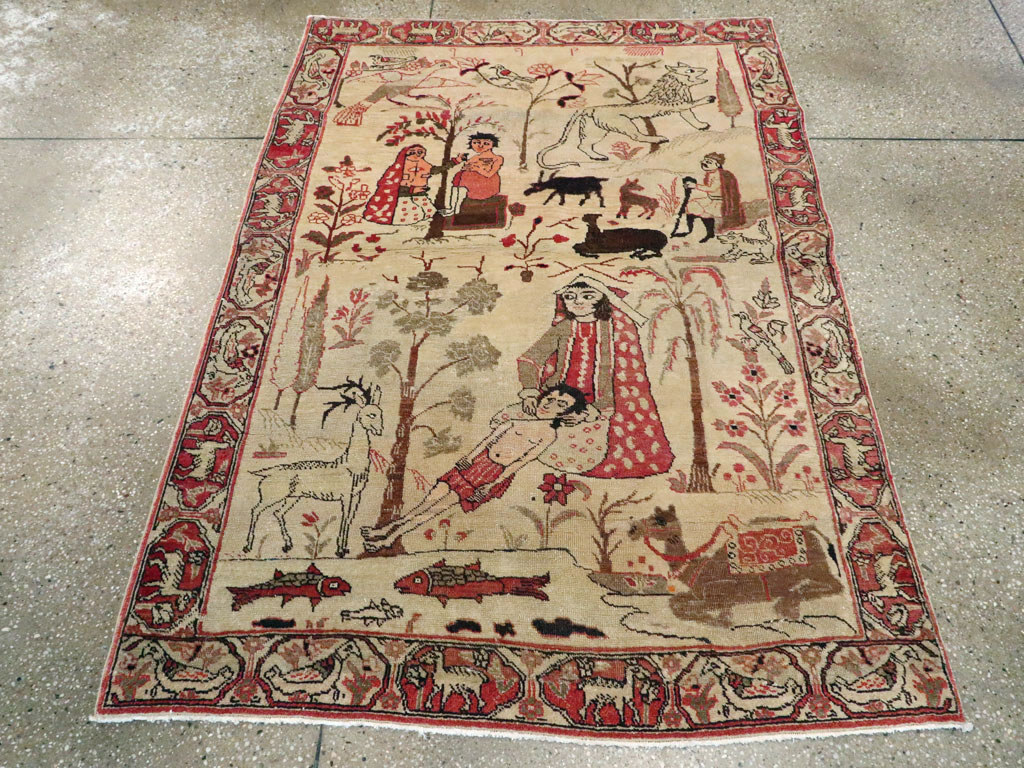 Vintage Persian Kerman Pictorial Rug, No.19976 - Staging