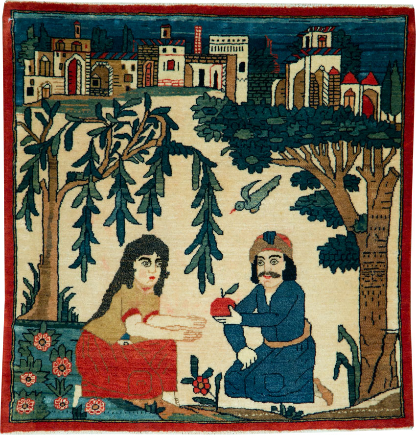 Vintage Persian Kashan Pictorial Rug, No.20024 - Staging