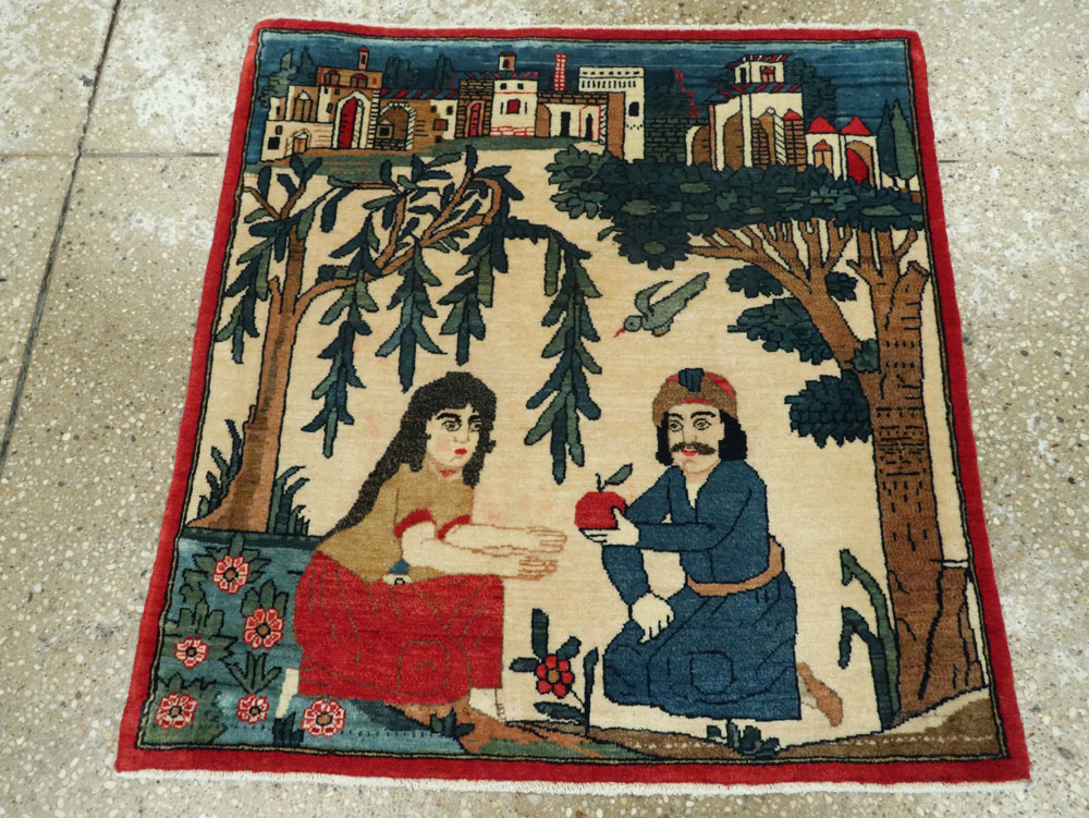 Vintage Persian Kashan Pictorial Rug, No.20024 - Staging