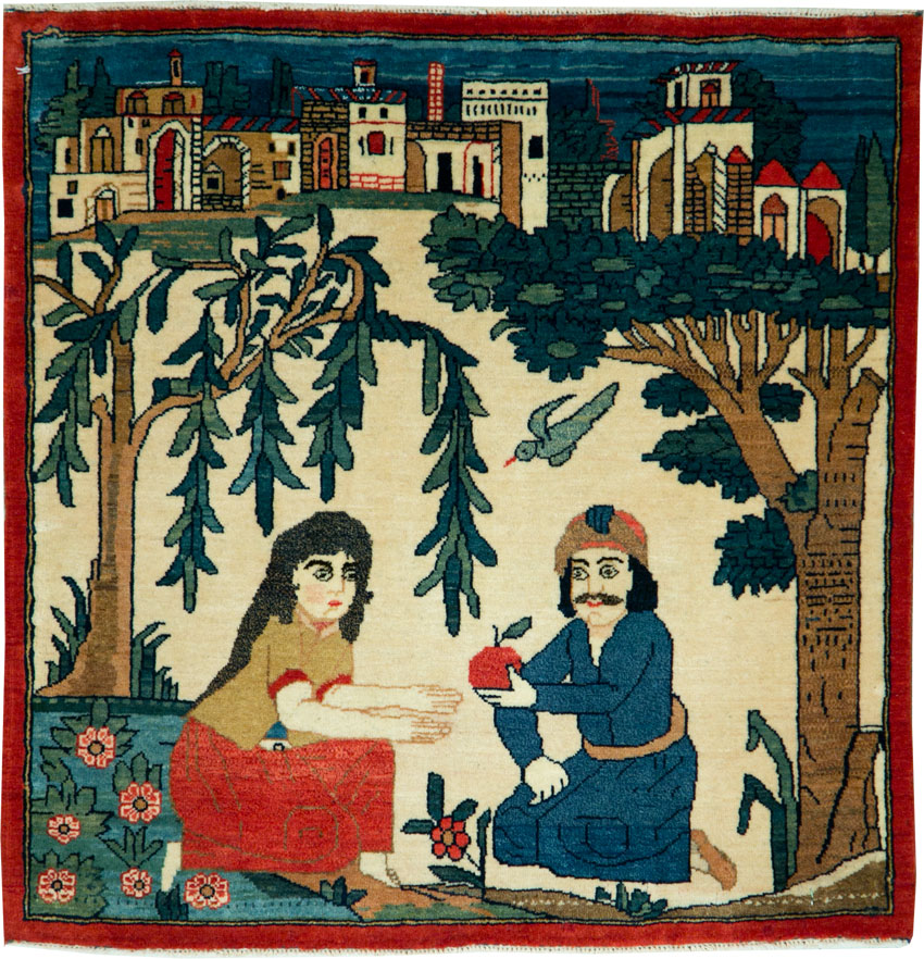 Vintage Persian Kashan Pictorial Rug, No.20026 - Staging