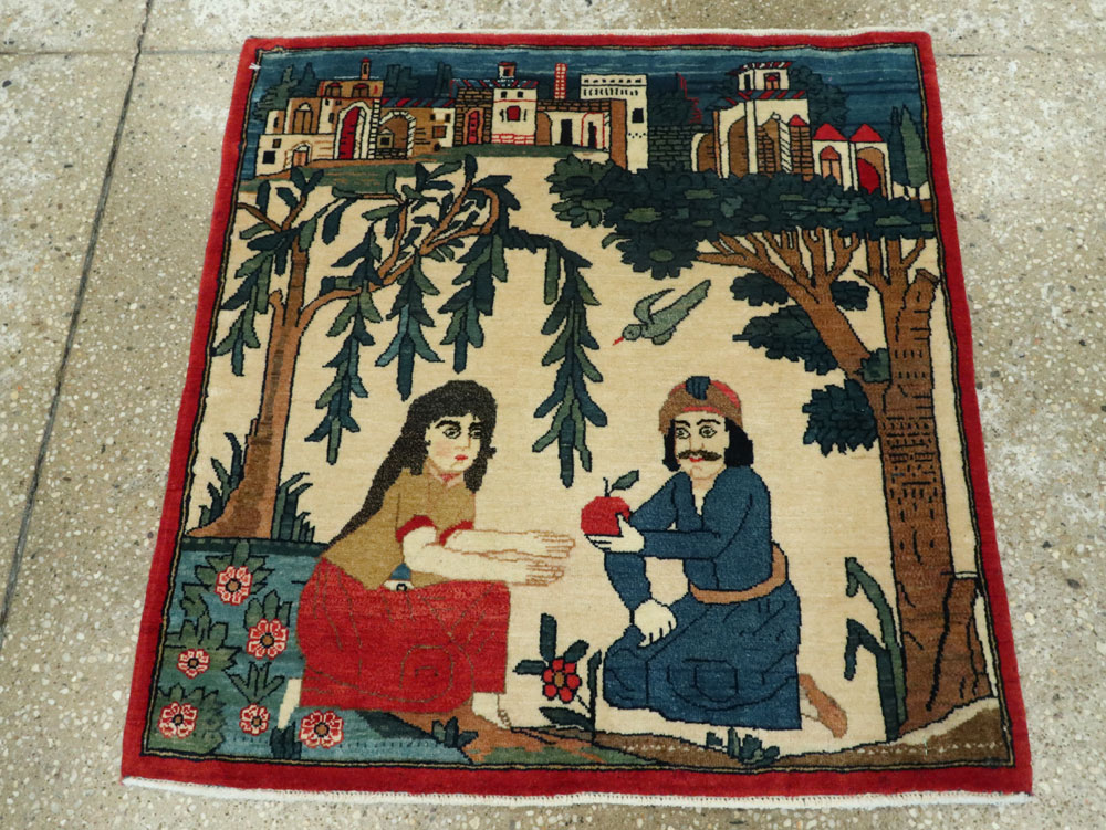 Vintage Persian Kashan Pictorial Rug, No.20026 - Staging