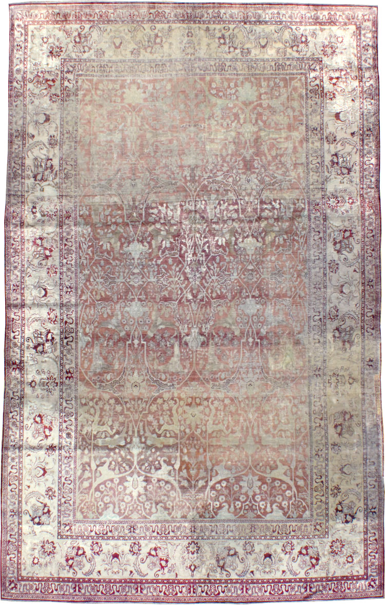 Antique Persian Silk Distressed Kashan Carpet, No.20182 - Staging
