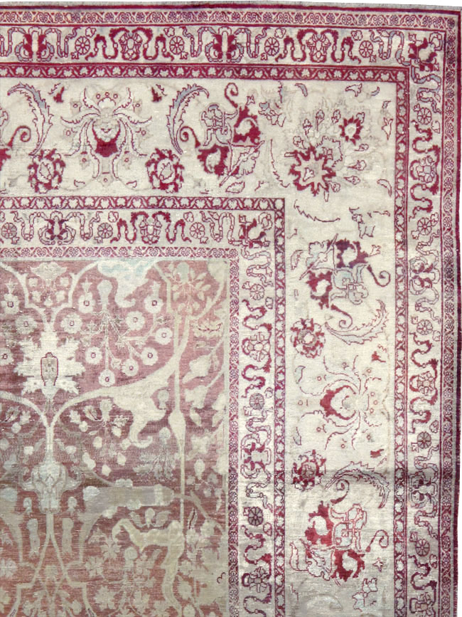 Antique Persian Silk Distressed Kashan Carpet, No.20182 - Staging